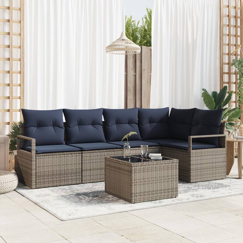 vidaXL 5/6 Garden Sofa Set with Cushions Black/Brown/Grey Poly Rattan - 91.3 x 48 x 27.2 - Grey with table