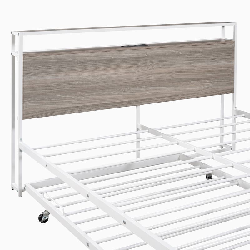Queen Size Metal Platform Bed with Trundle, USB Ports and Slat Support