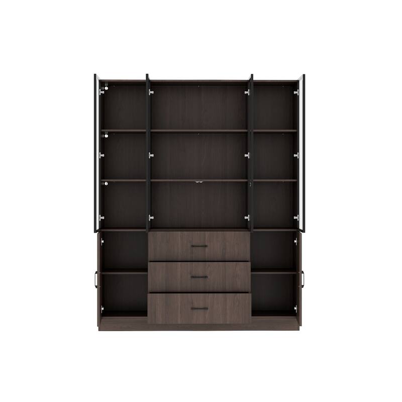 Bookshelves Bookcase Modular Glass Display Cabinet with LED Lights, Dark Wood Storage Combination Cabinet System