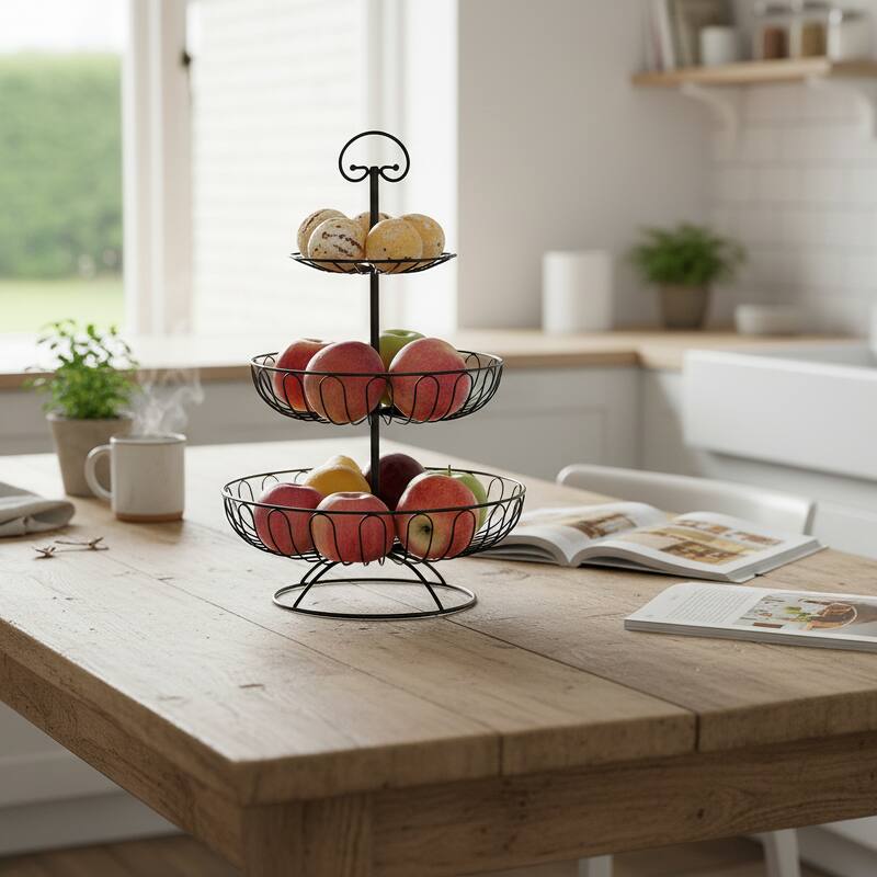 3 Tiers Wire Iron Basket Fruit Bowl, Black
