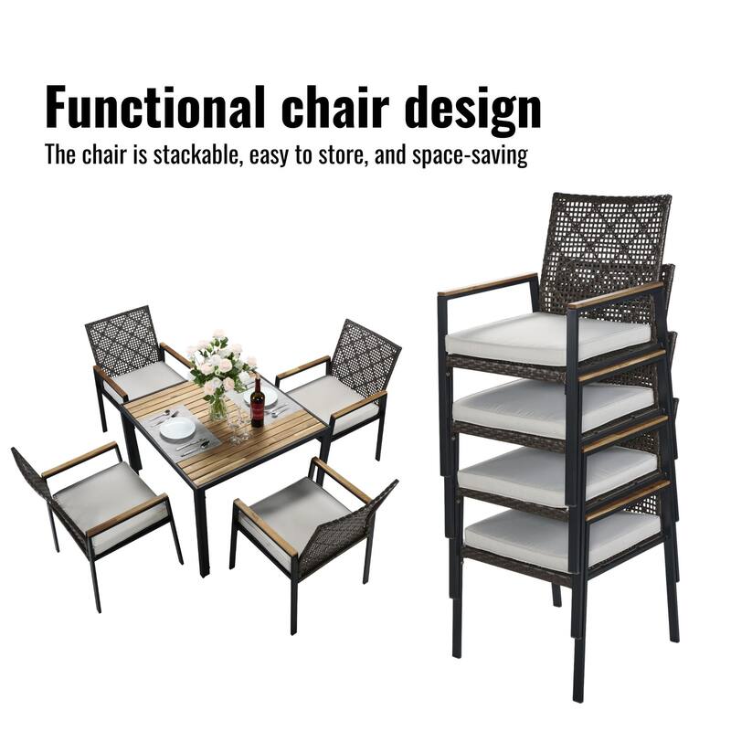 All Weather 5-Piece Patio Dining Table Sets, Patio Conversation Set Acacia Wood Table Top with Umbrella Hole, Rattan Outdoor