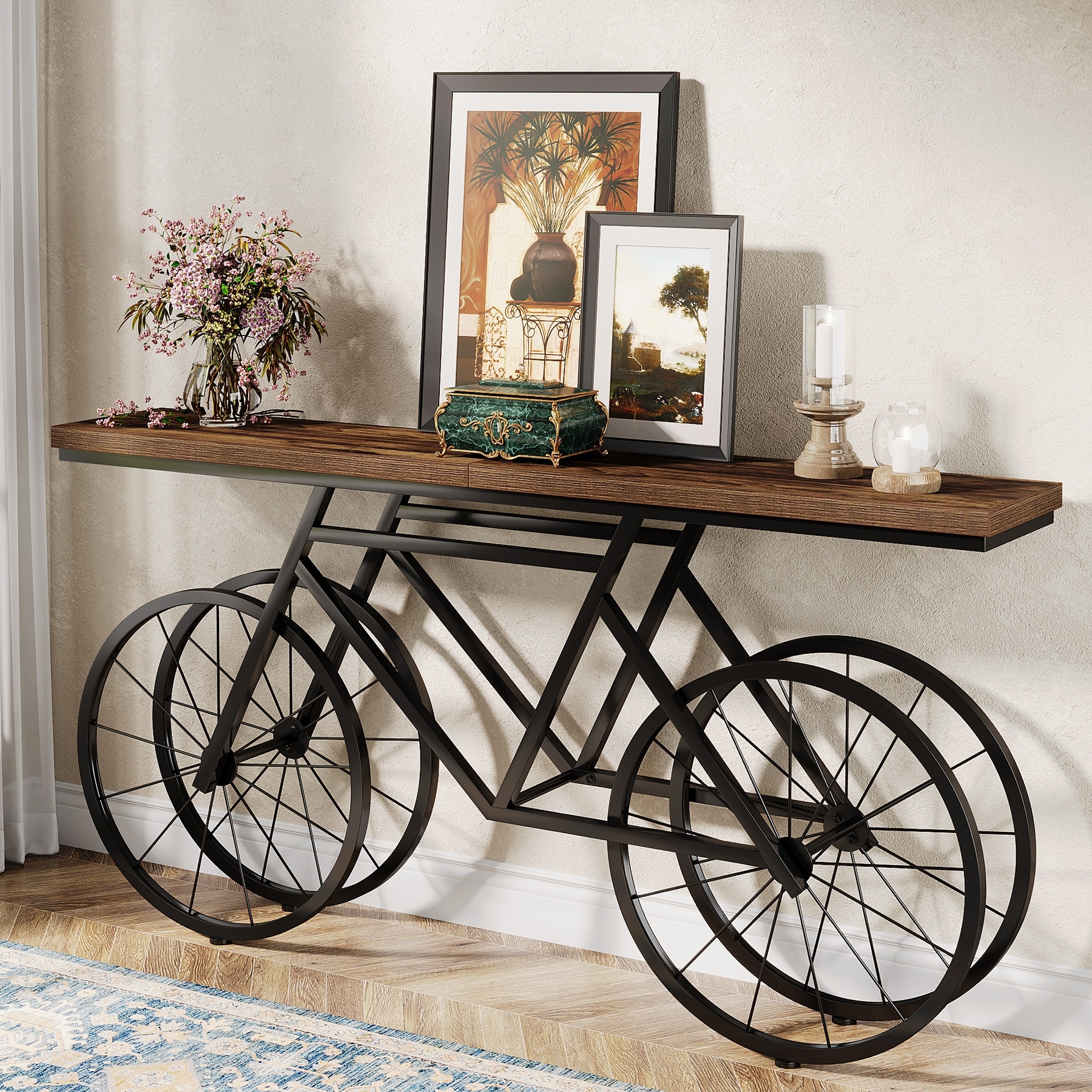 70.9-Inch Extra Long Console Table with Bicycle Metal Base for Entryway, Living Room - 11.81"D x 70.87"W x 33.46"H