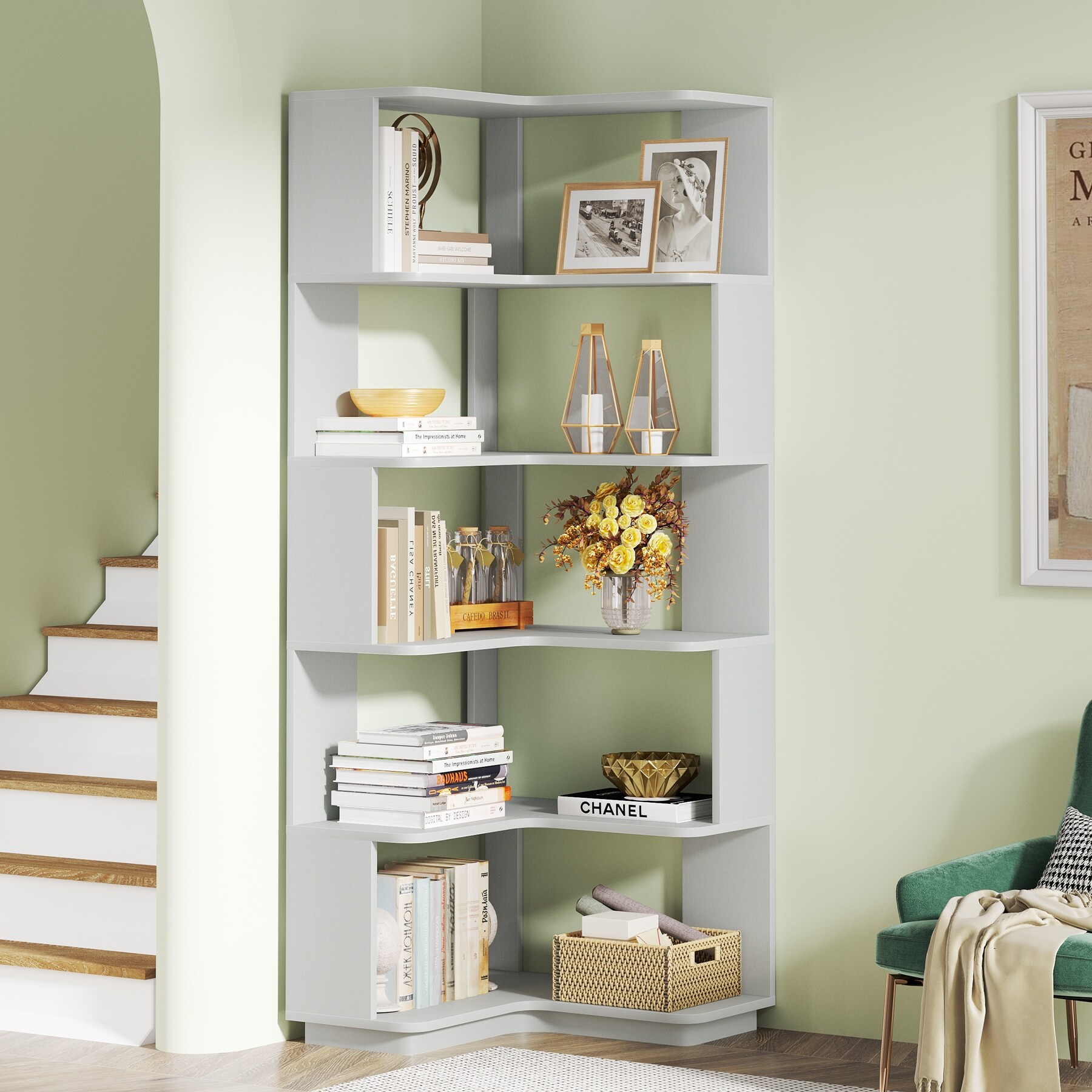 6-Tier Corner Bookshelf and Bookcase, Modern Corner Shelves for