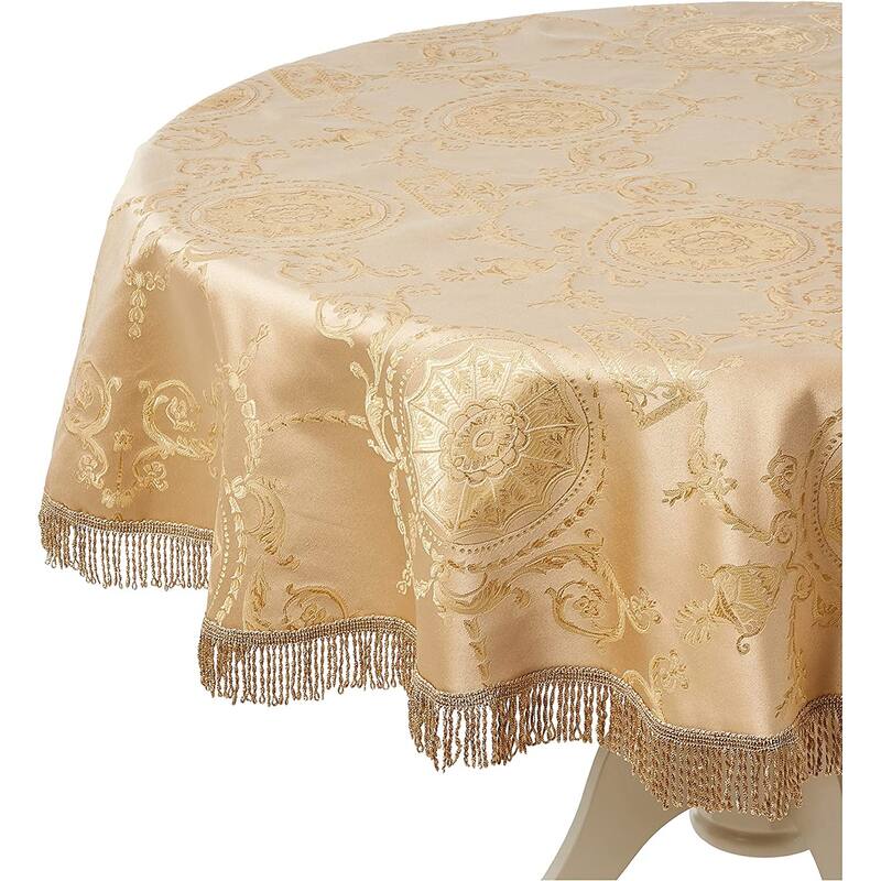 Violet Linen Prestige Medallion Damask Pattern, Polyester Jacquard, with Fringes, Tablecloth