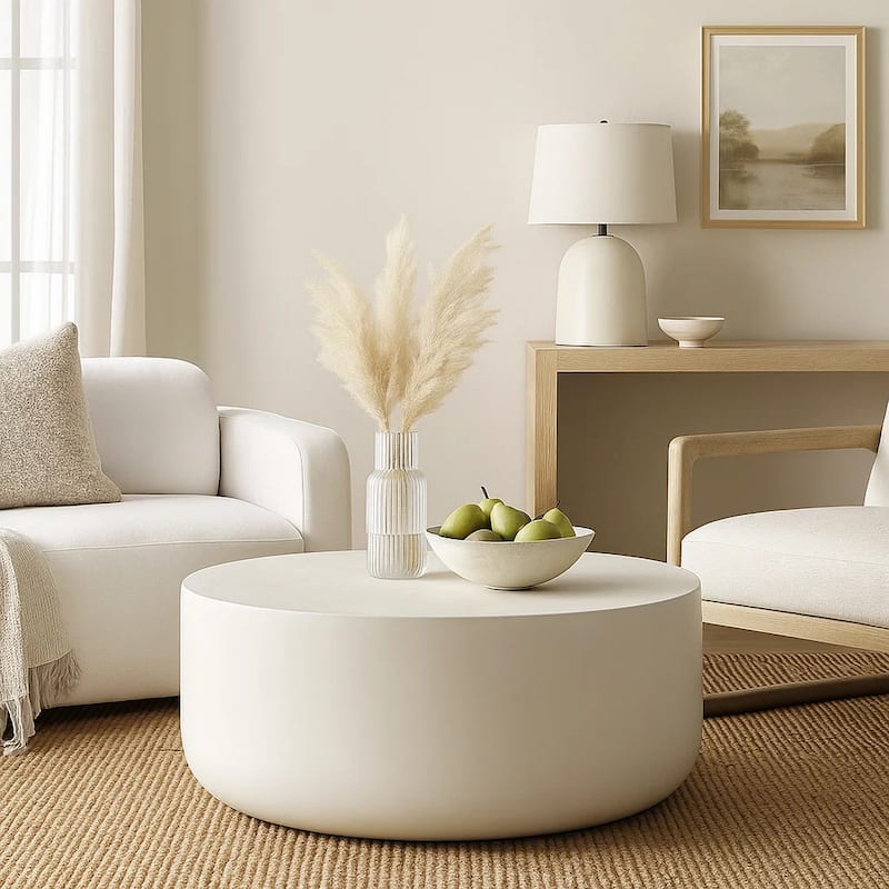 Utan Coffee Table, Modern Natural White Cement Frame, Round 31 Inch