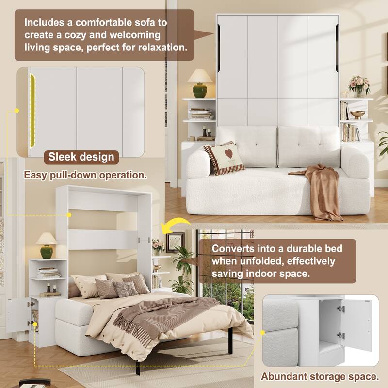 Roomfitters Queen Size Murphy Wall Bed with Sofa and Storage Shelves