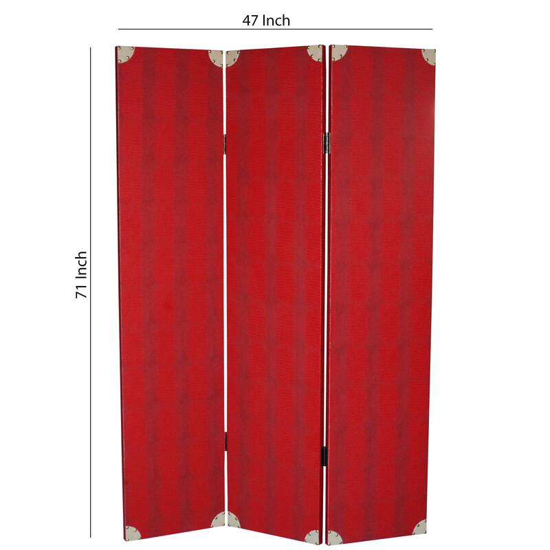 Transitional 3 Panel Wooden Screen with Nailhead Trim, Red
