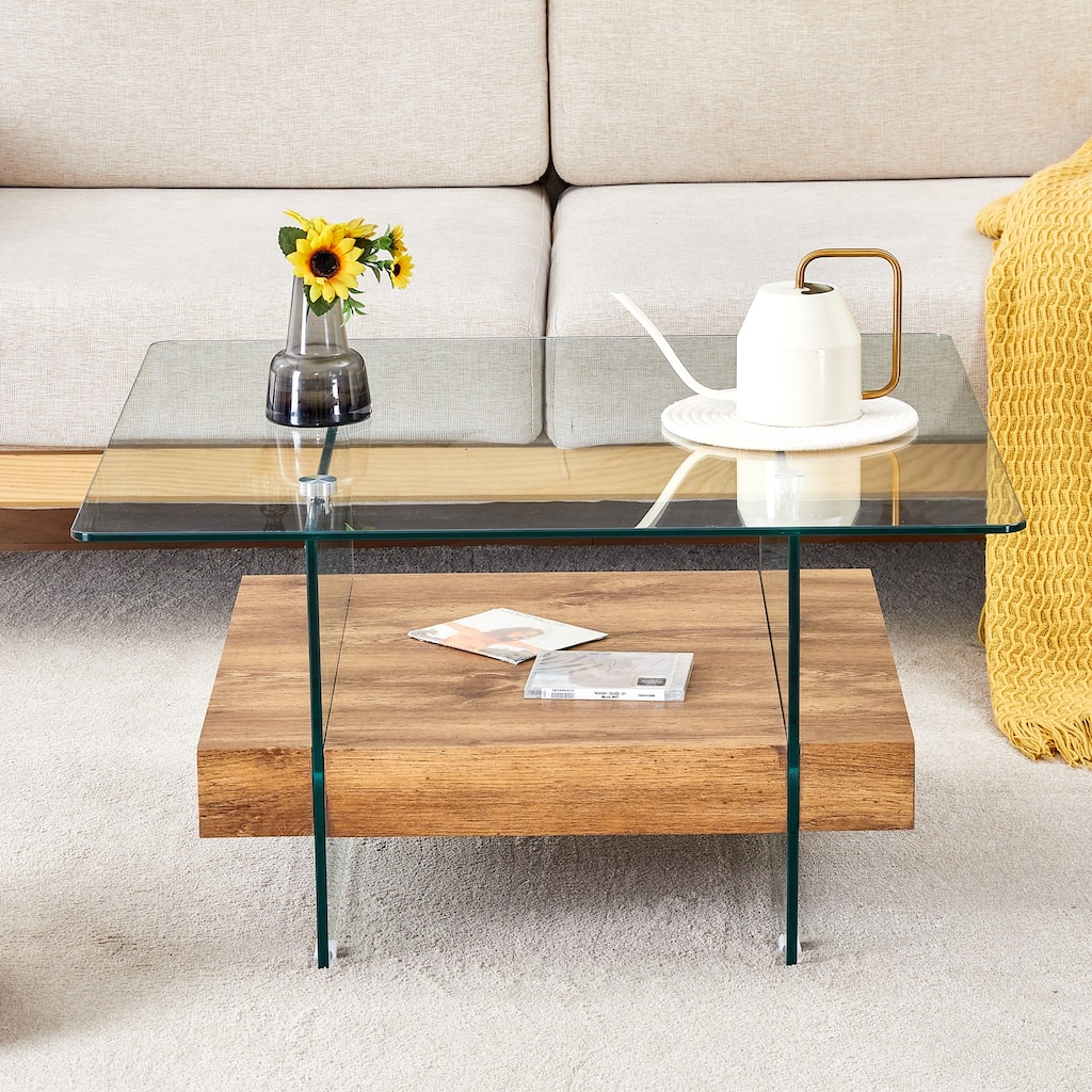 Modern Two-Tier Square Coffee Table -Elegant Combination Of Glass And Wood Texture Sticker