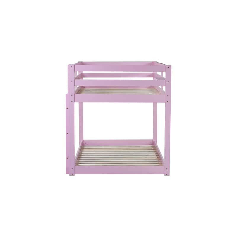 Roomfitters Solid Rubber Wood Twin over Twin Floor Bunk Bed with Ladder, Reinforced Slat Platforms, Low Height Frame, Pink
