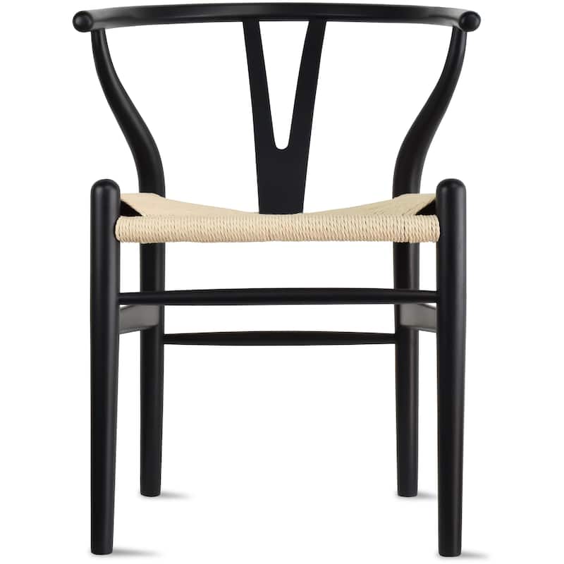 Y Back Wooden Dining Chair with Woven Seat, Farmhouse Style Elbow Chair for Home Kitchen & Office Use, Natural - Black