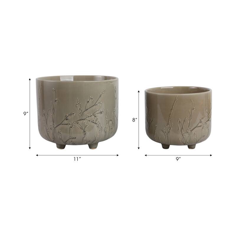 Ceramic Stoneware Planter with Raised Botanical Texture Footed Base