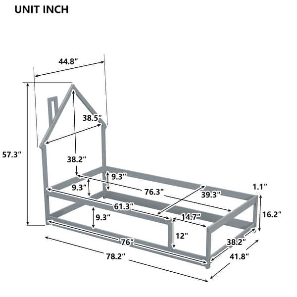Grey Twin Size Pine Wood Floor Bed with House-shaped Headboard
