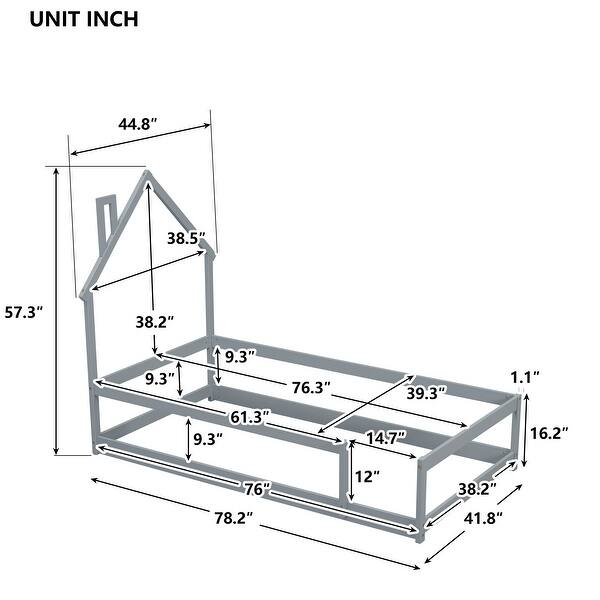 Grey Twin Size Pine Wood Floor bed with House-shaped Headboard and Fences for Bedroom