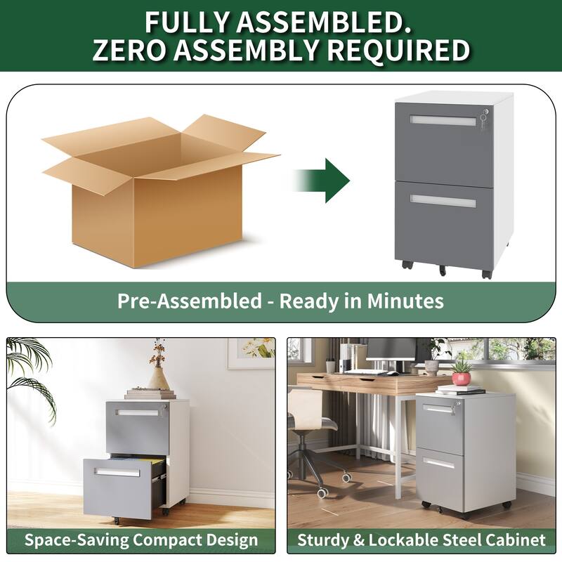 Modern Filing Cabinet 2-Drawer Mobile File Cabinet with Lock and 360° Swivel Wheels, for Office and Home Use, White