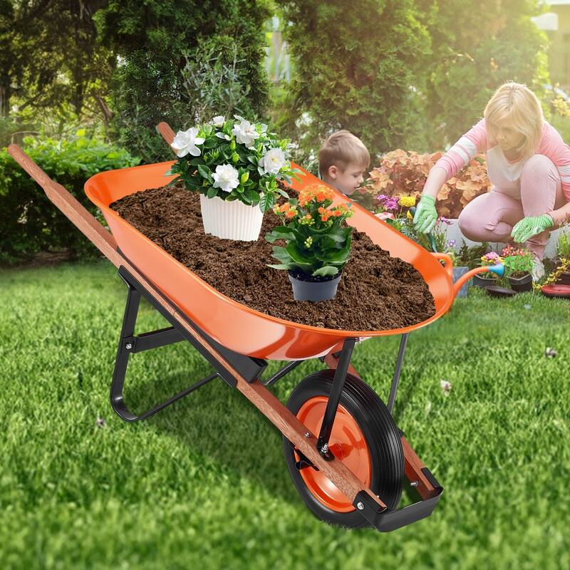 Orange Iron PU Garden Wheelbarrow 265lbs Cart w/ith Foam Tire 16" - 55.12 x 24.41 x 22.83 in