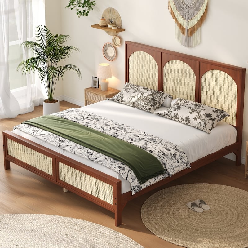 GDFStudio - Modern Wooden Platform Bed with Rattan Headboard and Footboard - Walnut+Beige - King