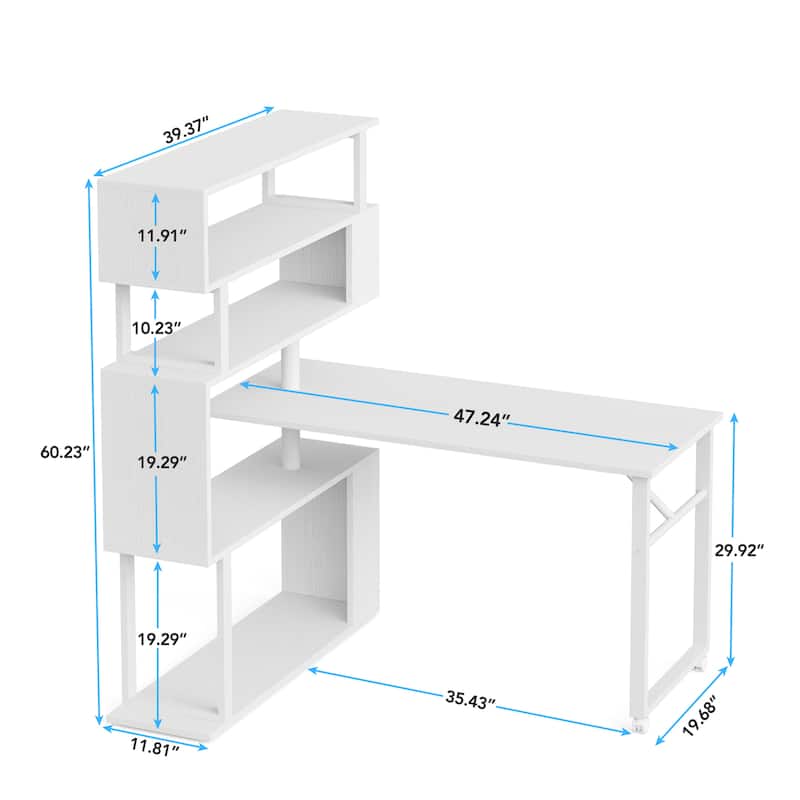 Brown/ Black Rotating L-Shaped Computer Desk, Corner Home Office Desk with Storage Shelf