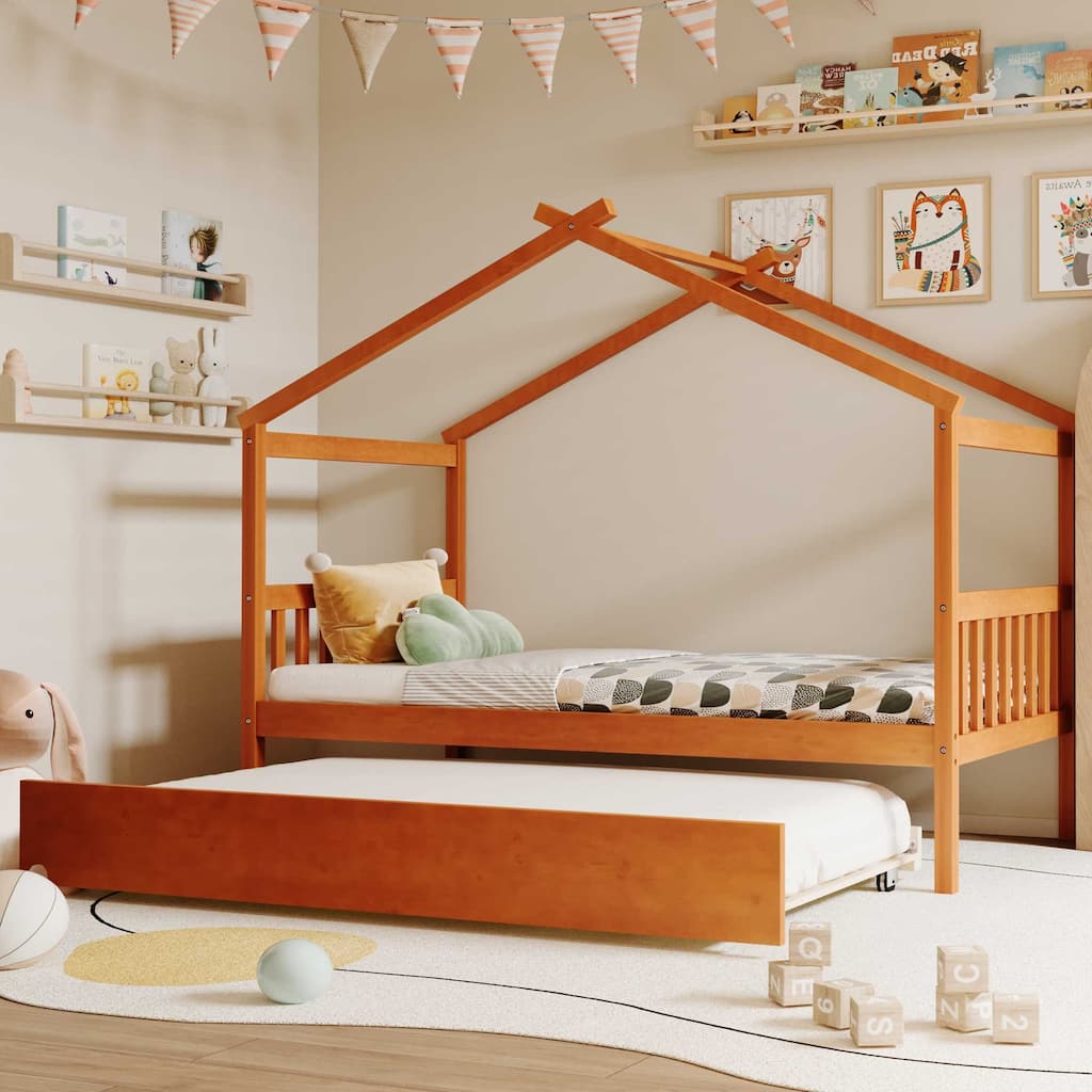 Twin Size Wooden House Bed with Trundle in Walnut Finish