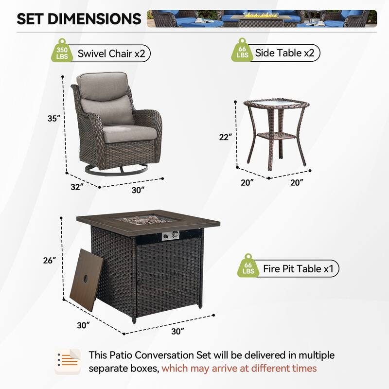 7 Pieces Outdoor Gliders Chairs Table Fire Pit Table with 5-Inch Thick Cushions