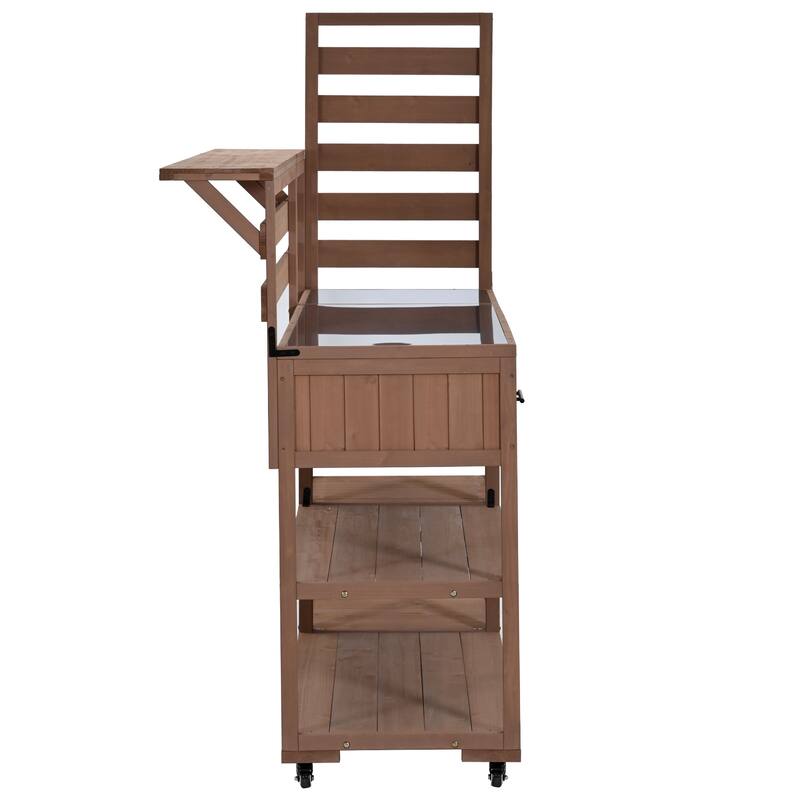 Solid Wood 62.3'' Patio Kitchen Island Kitchen Cart with Stainless Table Top, Garden Potting Bench with Raised Shelf and Drawers