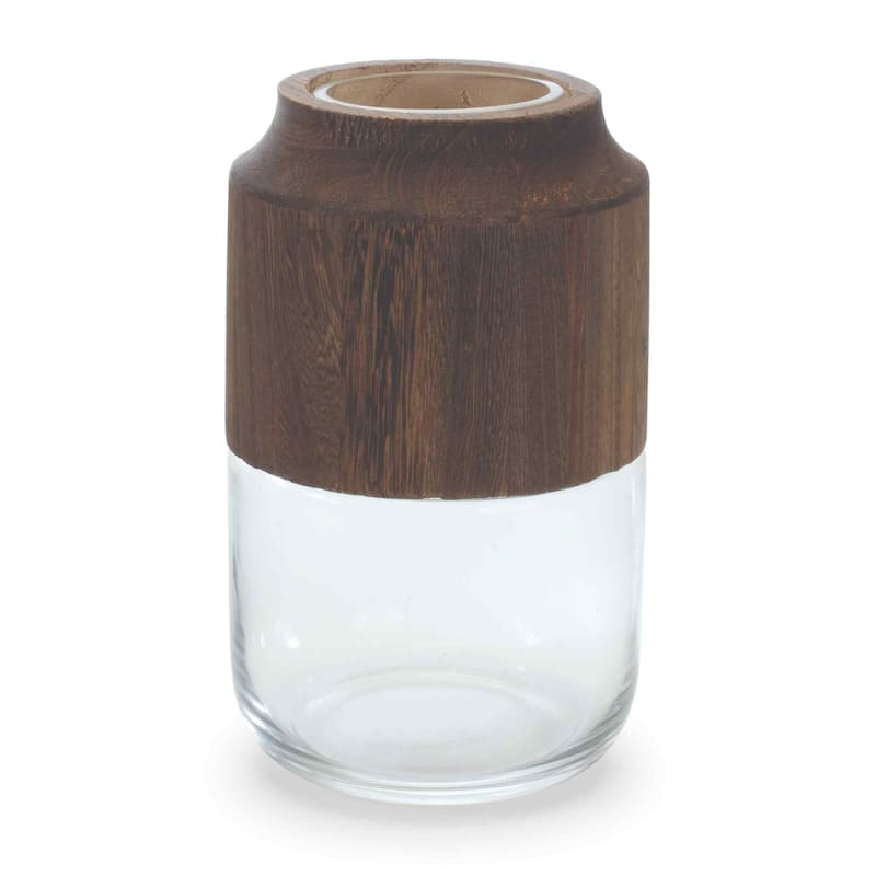 Wooden Cylindrical Vase - 9" - Brown and Clear
