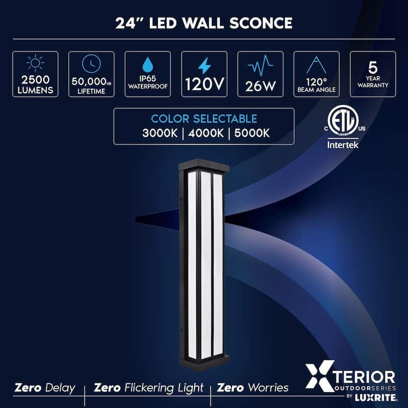 Luxrite LED Outdoor Wall Sconce, 24in Outdoor Wall Light, Black Aluminum, 3CCT 3000K 4000K 5000K, 26W, ETL, IP65 2-Pack