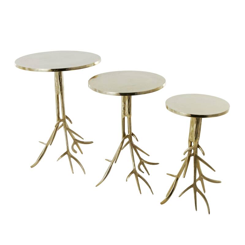 Gold or Silver Aluminum Metal Tree Side End Accent Table with Branch Inspired Bases (Set of 3)