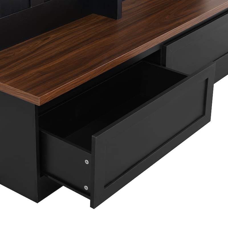 4-in-1 Hall Tree with Storage Bench & 6 Black Hooks, Wood Coat Rack with 2 Large Drawer & Curved Top