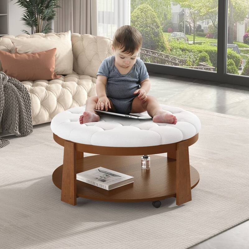 Coffee Table 2-Tier Button Tufted Ottoman with Wood Shelf,Upholstered Coffee Table,Footrest Ottoman with wheel,waterproof Linen