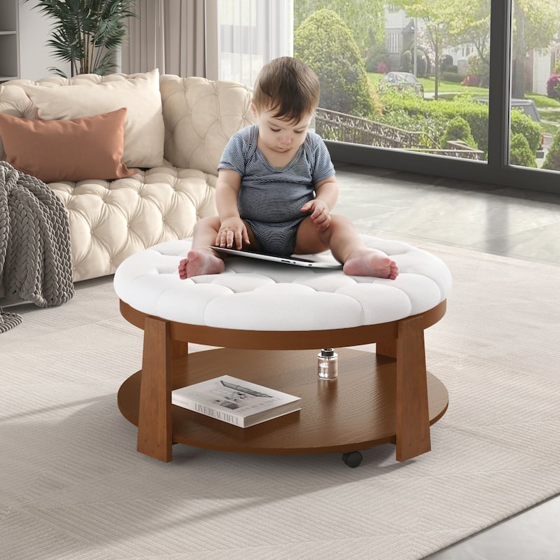 Modern Large Round Ottoman Coffee Table 2-Tier Oversized Button Tufted Ottoman with Wood Shelf Storage Upholstered Coffee Table