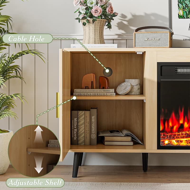 BOSSIN 58"Mid-Century Electric Fireplace TV Stand with Fluted Panels, Remote Control, and Adjustable Shelves for TVs up to 65"