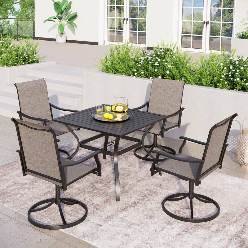 MAISON ARTS 5-Piece Patio Dining Set, Metal Table and 4 Textilene Fabric Swivel Dining Chairs - Square Black Table