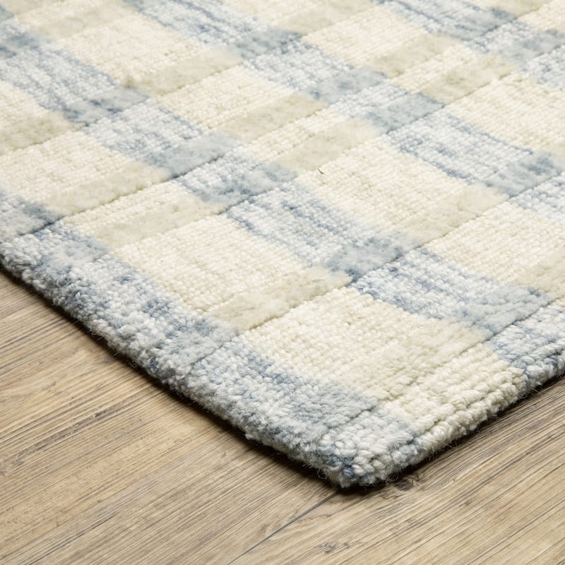 Thalia Scandinavian Textured Stripes Beige/ Blue PET Yarn Area Rug
