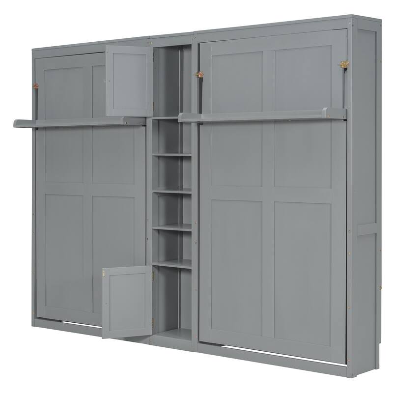 Dual Twin Wall Murphy Beds with Cabinets & Shelves, Space-Saving Bedroom Solution