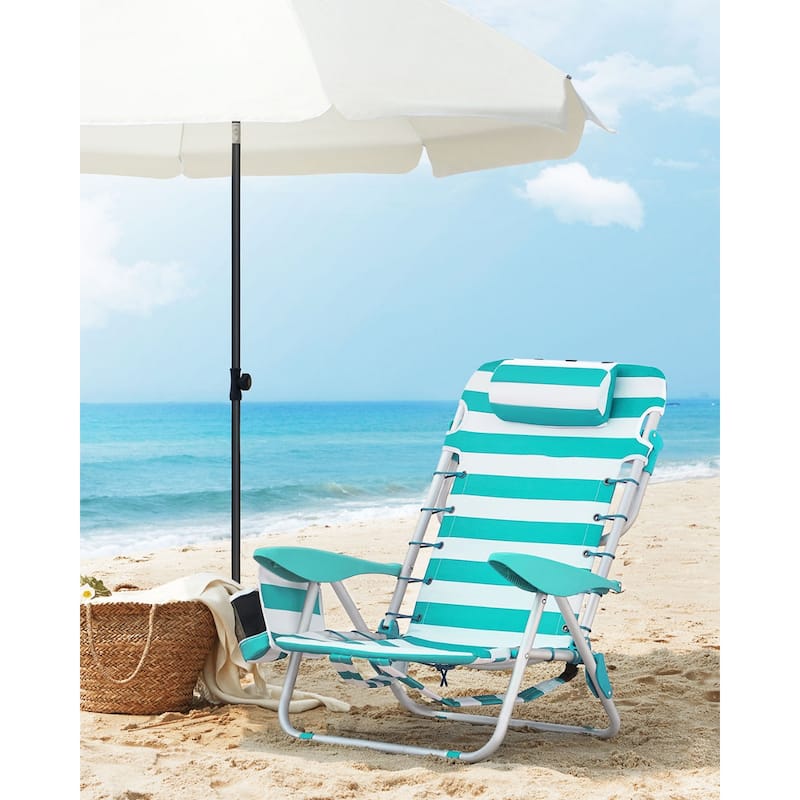 Folding Beach Chair with 4-Position Adjustable Backrest and Portable Low Seat Mesh Storage Pockets - 26.8"D x 24.8"W x 29.5"H