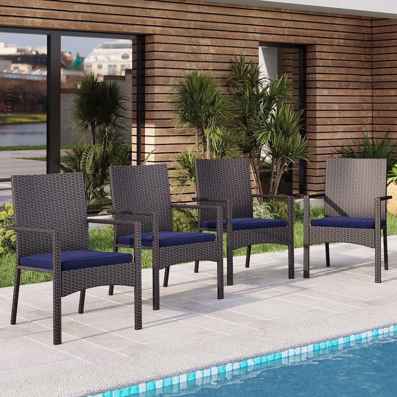 Patio Rattan Chair Set of 4, Outdoor Modern PE Wicker Armchair with Removable Cushions - Dark Brown