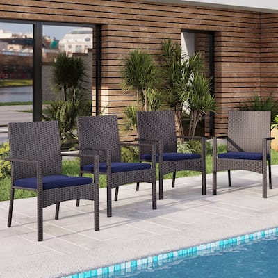 Patio Rattan Chair Set of 4, Outdoor Modern PE Wicker Armchair with Removable Cushions