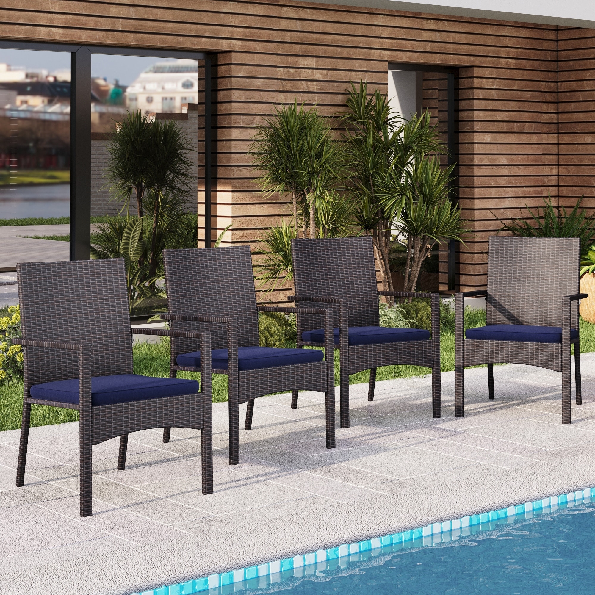 MAISON ARTS Patio Rattan Chair Set of 4, Outdoor Modern PE Wicker Armchair with Removable Cushions
