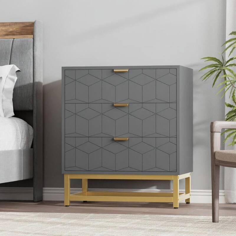 3 Drawer Dresser, with Metal Legs and Gold Handles - Grey