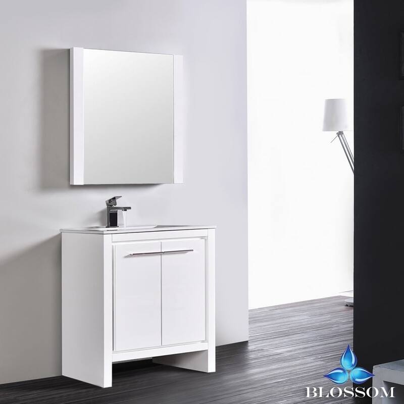 Blossom 30-Inch Bathroom Vanity with Ceramic Sink and Mirror Set - Glossy White