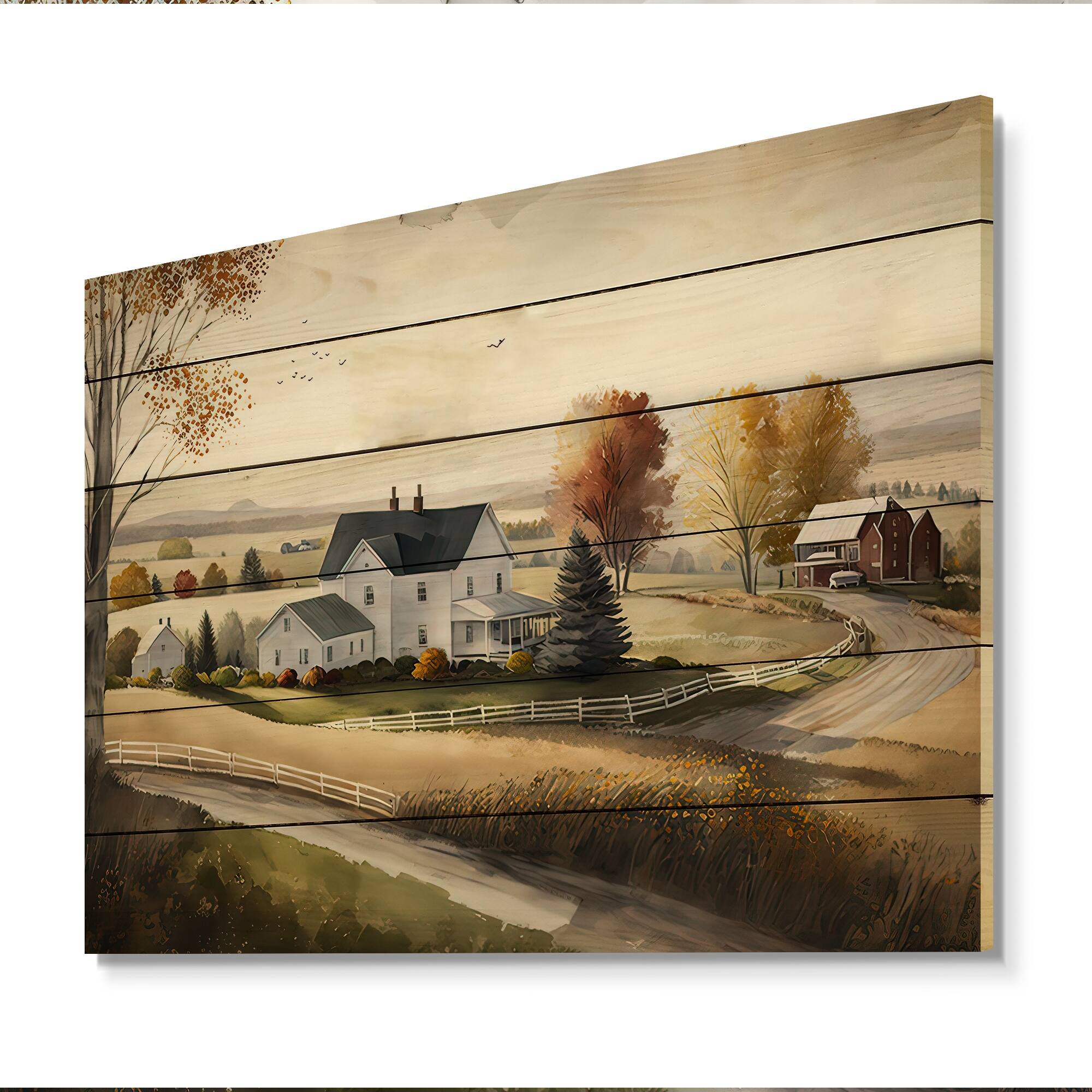 Designart 'Path To The Barn I' Barn Landscape Wood Wall Art Natural