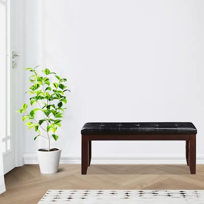 Leather Upholstered Wooden Bench With Tufted Seat, Espresso Brown & Black