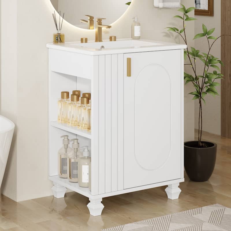 24" Bathroom Vanity with Sink, Bathroom Cabinet with Door Shelf, Side Open Storage, Solid Wood Frame, Soft Closing Door, White - White
