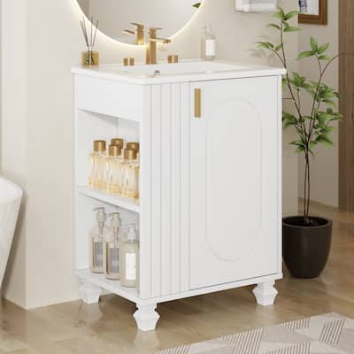 24" Bathroom Vanity with Sink, Bathroom Cabinet with Door Shelf, Side Open Storage, Solid Wood Frame, Soft Closing Door, White