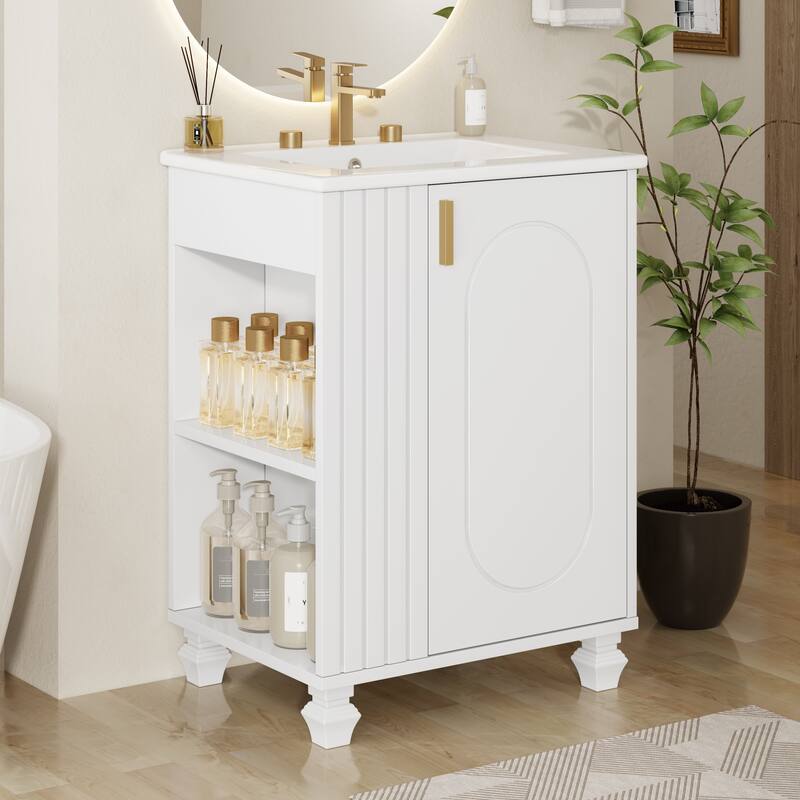 24" Compact Bathroom Vanity with Sink - Single Door Cabinet with Adjustable Shelf & Side Open Storage - Solid Wood Frame