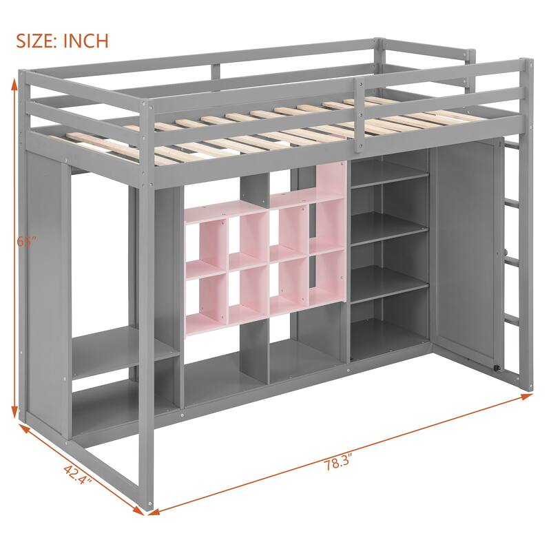 Twin/Full Size Versatile Loft Bed with Wardrobe, Storage Bed Frame with Multi-Shelves and Clothes Hanging Rod
