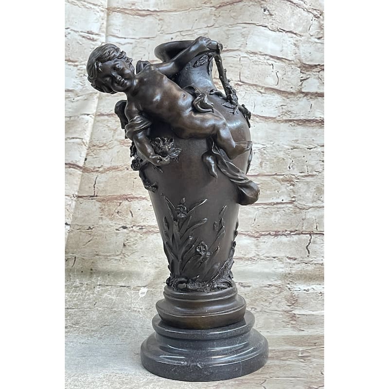 Signed Original Cherub Angel Vase Style Bronze Sculpture Marble Base Figure Sale