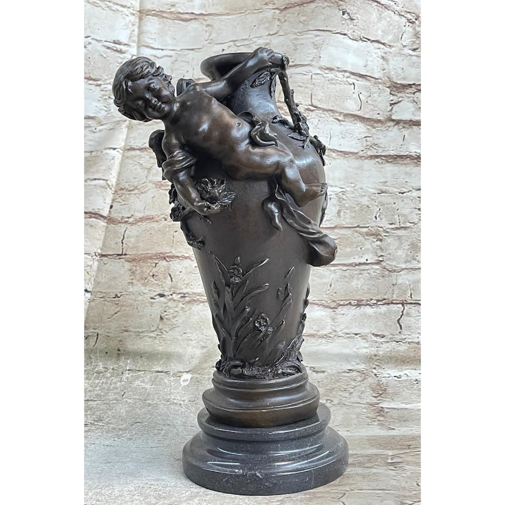 Signed Original Cherub Angel Vase Style Bronze Sculpture Marble Base Figure Sale