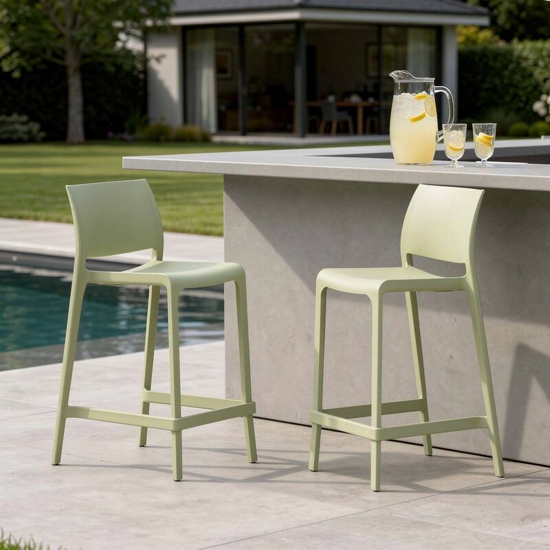 HomeRoots Set of Two 26" Green Heavy Duty Plastic Low Back Outdoor Counter Height Bar Chairs