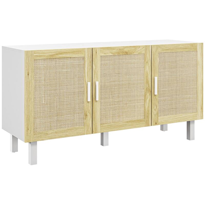 Boho Sideboard Buffet Cabinet with 3-Rattan Doors and Adjustable Shelves, White & Natural